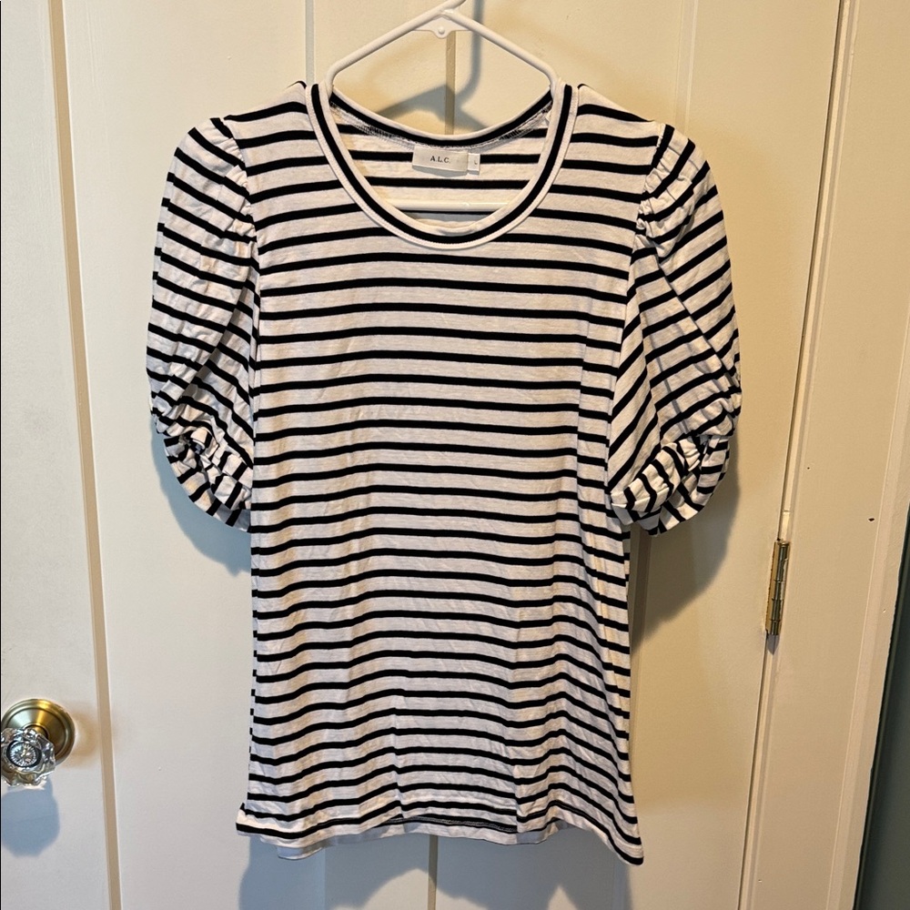 A.L.C. Black and White Striped Short Sleeve Top